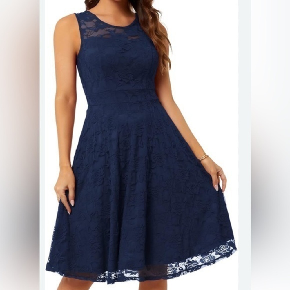 Dressystar Women's Lace Dress Midi Navy Blue Sleeveless Round Neck Layered S